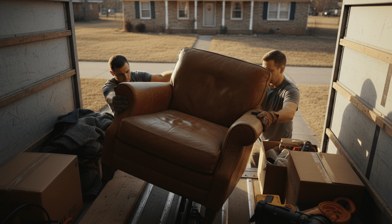937 Junk Solutions team loading furniture into a junk removal truck during a residential pickup