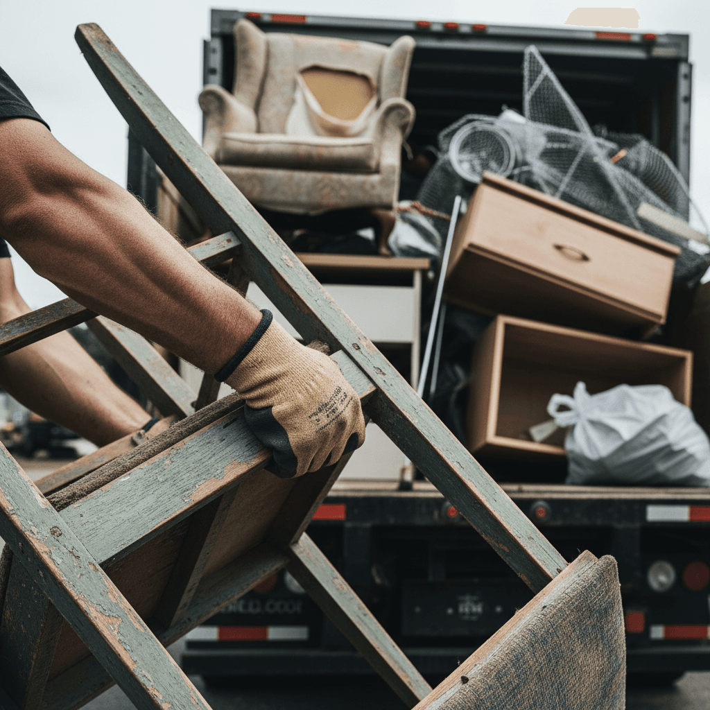 Furniture removal crew loading couch into truck